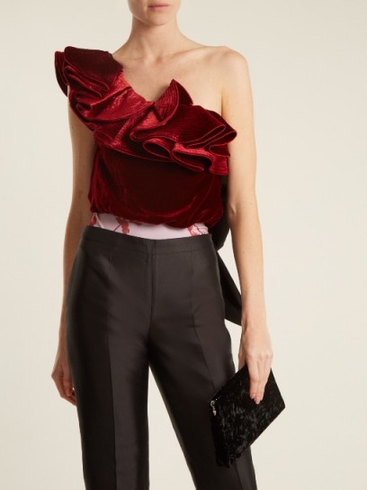 JOHANNA ORTIZ Lorca one-shoulder velvet and jersey bodysuit ~ dark red back bow bodysuits