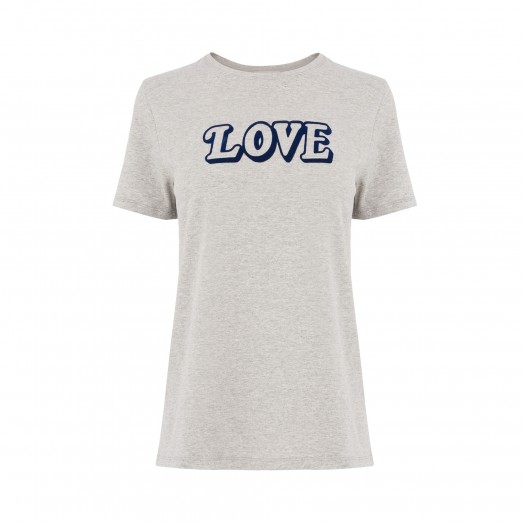 Mollie King grey Love slogan t-shirt, Warehouse LOVE TEE, out in London, 7 September 2017. Celebrity affordable fashion | star style t-shirts