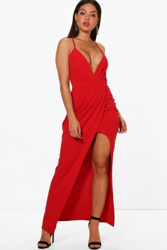 boohoo Melissa Strappy Wrap Detail Maxi Dress – long red plunge front dresses