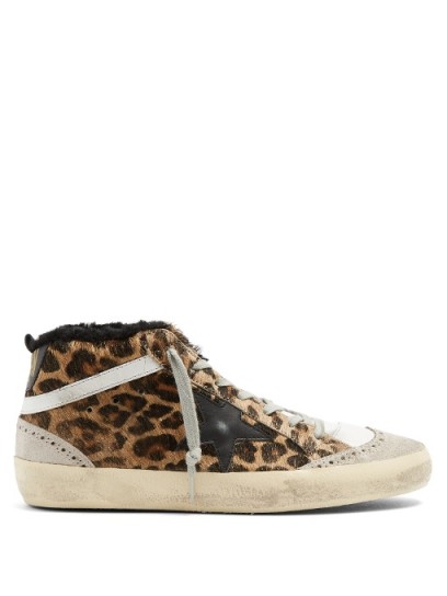 GOLDEN GOOSE DELUXE BRAND Mid Star leopard-print shearling-lined trainers ~ luxe sneakers ~ animal prints