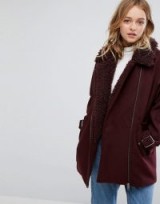 Monki Faux Fur Collar Coat ~ dark red coats