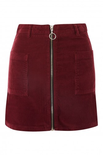 Mollie King burgundy mini skirt, Topshop MOTO Zip Through Corduroy Skirt, out in London, 7 September 2017. Celebrity skirts | affordable star style fashion