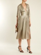 MARIA LUCIA HOHAN Nadina pleated tulle midi dress ~ metallic-silver evening dresses ~ deep plunge occasion wear