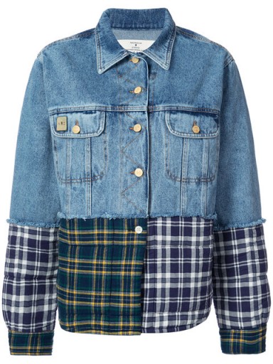 Hailey Baldwin denim and check print shirt, NATASHA ZINKO patchwork denim jacket, out in New York, 11 September 2017. Casual celebrity fashion | models off duty | star style plaid shirts