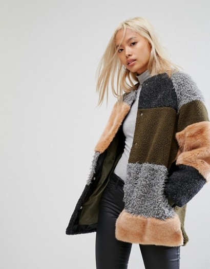 Noisy May Patchwork Faux Fur Teddy Coat / fluffy collarless coats