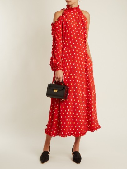 ANNA OCTOBER One-shoulder cut-out polka-dot crepe dress ~ red cold shoulder dresses ~ ruffle trimmed