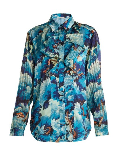 MARCO DE VINCENZO Painterly-print ruffle-trim satin shirt ~ blue printed shirts