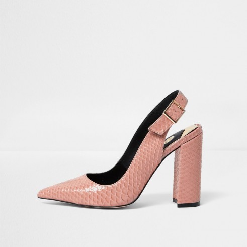 River Island Pink snake slingback block heel court shoes – chunky heeled slingbacks