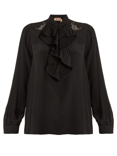 NO. 21 Pleated-ruffle crepe de Chine blouse ~ black ruffled front blouses