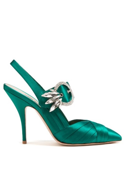 MIU MIU Point-toe crystal-embellished satin pumps ~ emerald-green slingbacks