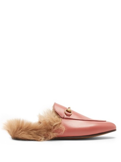 GUCCI Princetown shearling-lined pink leather loafers ~ fluffy luxe flats