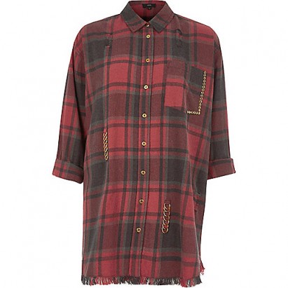 River Island Red check distressed oversized shirt