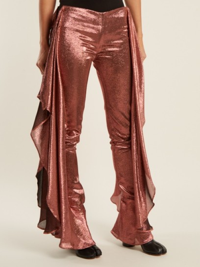 PAULA KNORR Relief high-rise ruffled silk-blend lamé trousers ~ metallic pink ruffle pants