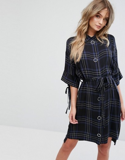 River Island Popper Detail Check Shirt Dress / blue checked dresses