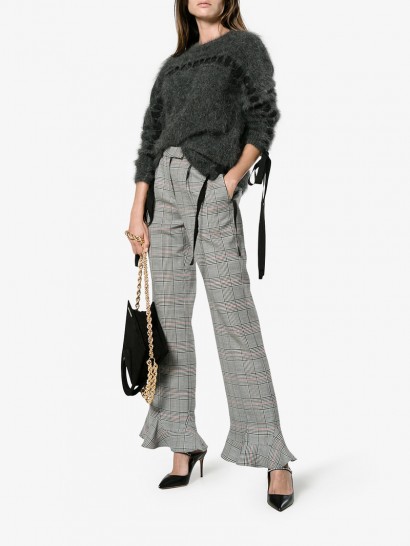 Rosie Assoulin Ruffle Hem Check Trousers ~ grey checked fluted hem pants