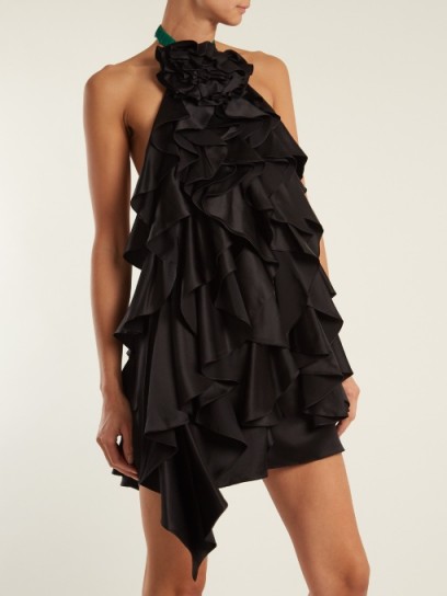 SAINT LAURENT Ruffle-embellished open-back halterneck silk dress ~ black ruffled halter mini dresses