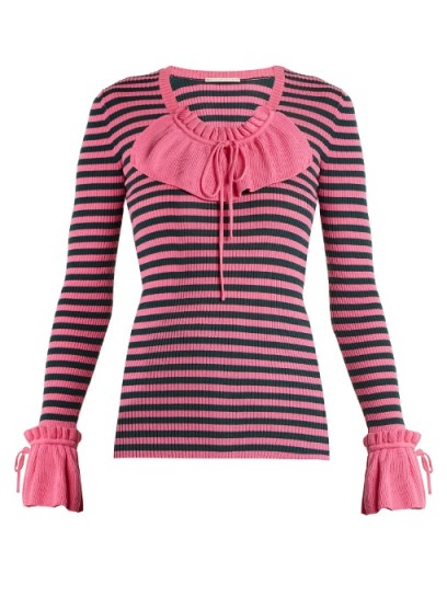 MARCO DE VINCENZO Ruffle-trimmed striped ribbed-knit sweater ~ hot-pink jumpers ~ ruffled knitwear