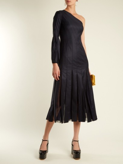 GABRIELA HEARST Ruth pleated one-shoulder wool dress ~ chic navy-blue evening dresses