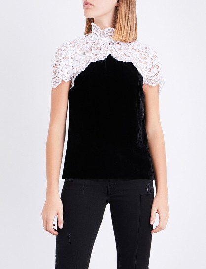 SANDRO Lace-panel velvet top | high neck monochrome tops | black and white