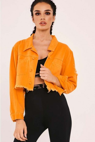 SARAH ASHCROFT ORANGE FRAYED CROP DENIM JACKET ~ cropped jackets