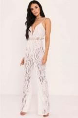 SARAH ASHCROFT WHITE FLOCKED LACE JUMPSUIT ~ sheer plunge front jumpsuits