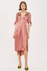 Topshop Satin Beaded Shoulder Midi Skater Dress / shiny rose pink dresses