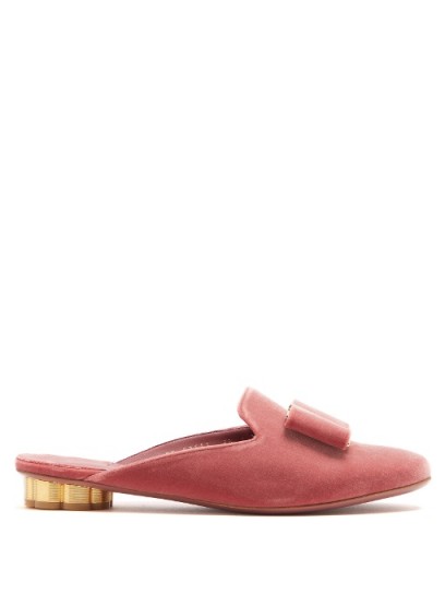 SALVATORE FERRAGAMO Sciacca bow-embellished backless velvet loafers ~ rose-pink slip on flat