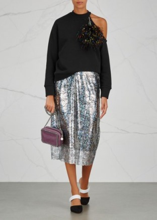 CHRISTOPHER KANE Silver iridescent lace midi skirt / shiny silver skirts