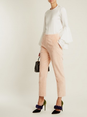 ISA ARFEN Slim-leg crushed-velvet cotton-blend trousers ~ luxe blush-pink pants