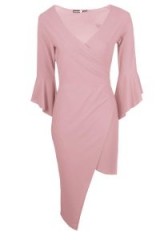 boohoo Sophia Wrap Top Flute Sleeve Midi Dress – blush pink asymmetric dresses