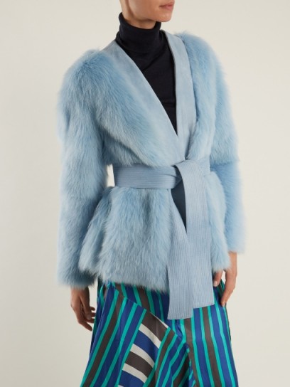 DIANE VON FURSTENBERG Suede-trimmed V-neck shearling jacket ~ fluffy baby-blue jackets