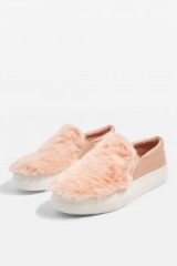 TOPSHOP TEXAS Faux Fur Slip On Trainers / fluffy nude-pink sneakers