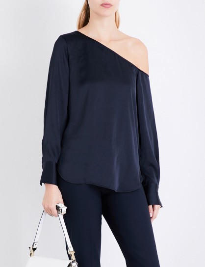 THEORY Ulrika asymmetric satin shirt | navy off shoulder tops