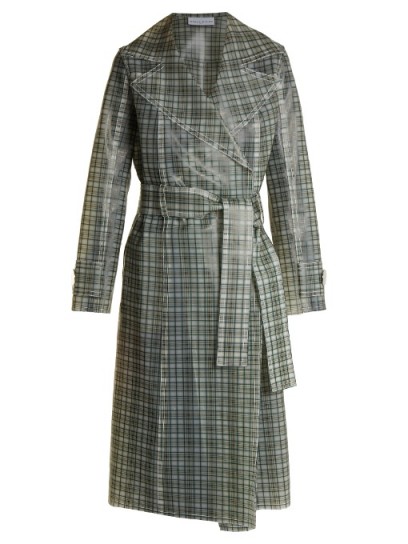 WANDA NYLON Tie-waist coated-tartan trench coat / green check print coats