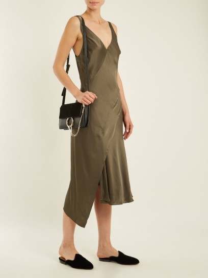 RACHEL COMEY Twilight asymmetric-hem satin slip dress | khaki-green cami dresses