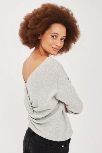 Topshop Twist Back Longline Jumper | grey V-neck jumpers | knitwear