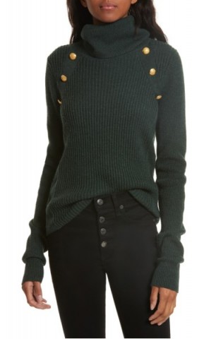 VERONICA BEARD Pearson Button Detail Merino Wool Sweater | dark green roll neck sweaters