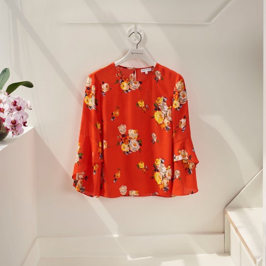 Warehouse VICTORIA RUFFLE SLEEVE TOP | orange floral tops