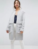 Vila Faux Shearling Pocket Detail Coat ~ grey collarless coats