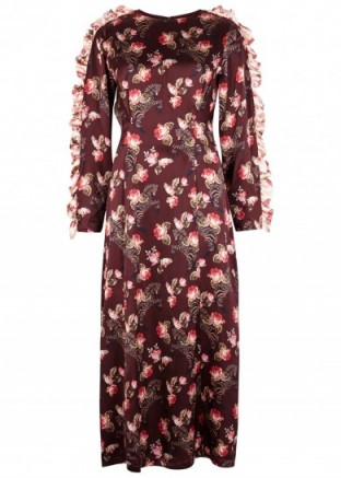 MOTHER OF PEARL Wanda printed satin midi dress ~ burgundy ruffle sleeved dresses