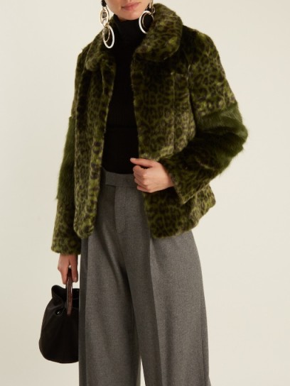 SHRIMPS Alpin leopard-print faux-fur jacket ~ green animal print jackets