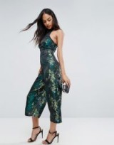 ASOS Jumpsuit in Jacquard with Buckle Detail ~ floral halterneck jumpsuits ~ party fashion