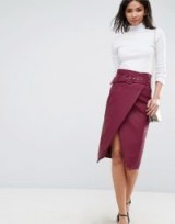 ASOS Leather Look Midi Pencil Skirt with Belt Detail | burgundy-red wrap skirts