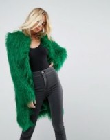 ASOS Midi Coat in Bright Mongolian Faux Fur | shaggy green coats