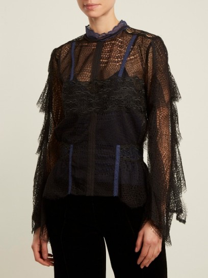 JONATHAN SIMKHAI Bell-sleeved layered-lace blouse ~ black semi sheer blouses