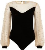 River Island Black velvet and mesh pearl bodysuit ~ embellished bodysuits ~ party fashion