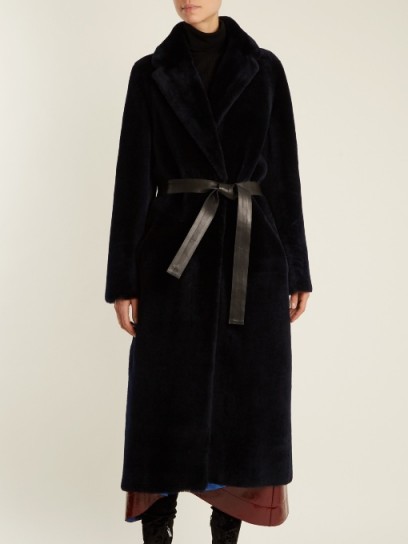 INÈS & MARÉCHAL Boulevard shawl-collar shearling coat ~ chic navy-blue winter coats