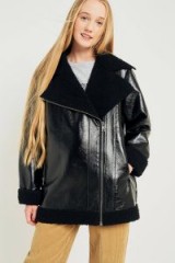 Calvin Klein Coated Faux Shearling Jacket / black shiny patent jackets