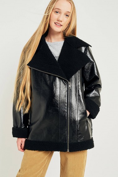 Calvin Klein Coated Faux Shearling Jacket / black shiny patent jackets