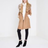 River Island Camel faux fur collar coat